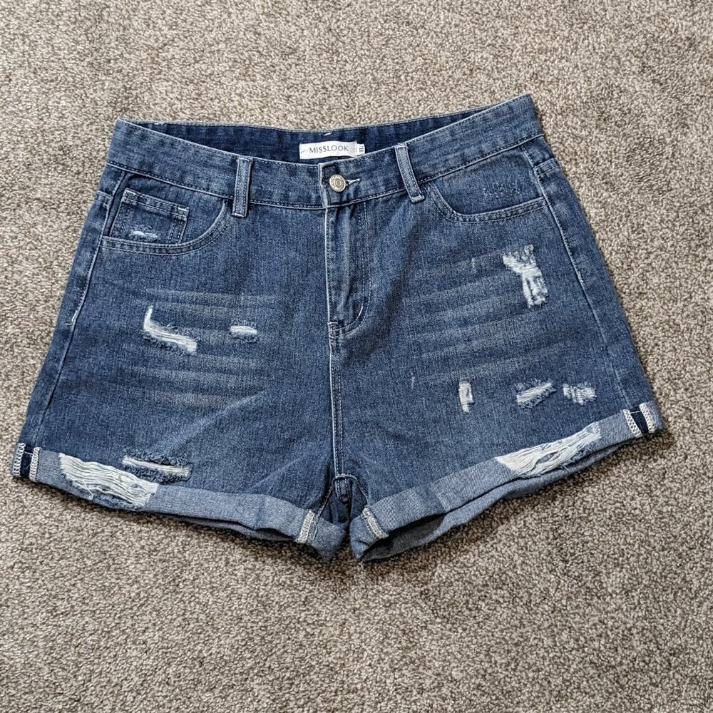 Women's "MissLook" Distressed, Cuffed High Rise Blue Denim Shorts; Size XL